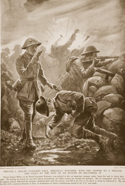 Private J. Miller staggers back, mortally wounded, with the answer to a message and falls at the feet of an officer on delivering it by Alfred Pearse